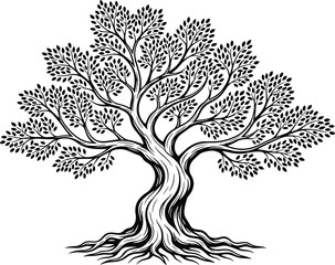 Tree with roots silhouette, symmetrical branches, dense leaves, nature symbol, family tree design, flat vector