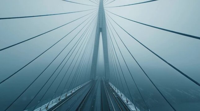 Cinematic aerial view of massive cable-stayed bridge vanishing into thick fog and mist
