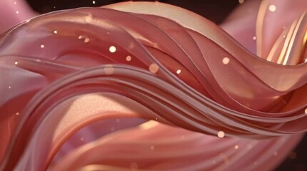 Abstract luxurious flowing liquid rose gold fabric with floating particles and bokeh background