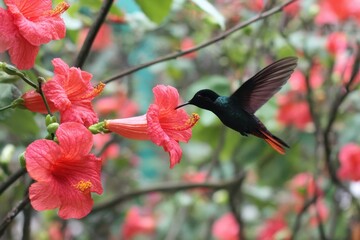 Obraz premium Hummingbird hovering near vibrant red flower gathering nectar