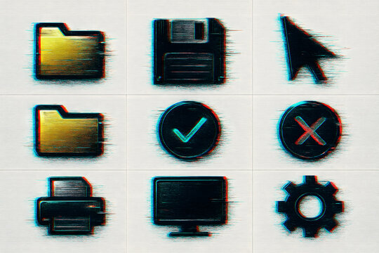 Abstract Icon Set: A collection of uniquely styled tech icons, featuring distorted aesthetics, creating a modern, glitchy design. - Powered by Adobe