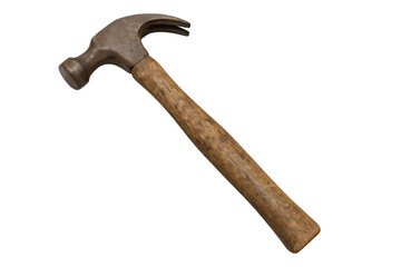 Claw hammer with wooden handle showing craftsmanship, construction, and repair on transparent background