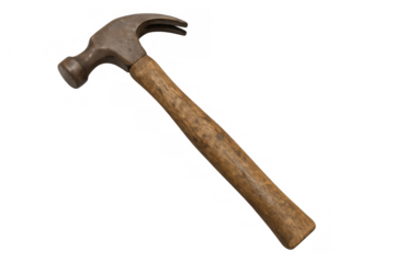 Claw hammer with wooden handle showing craftsmanship, construction, and repair on transparent background
