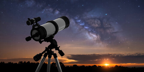 Telescope Aimed at Starry Night Sky and Sunset astronomy