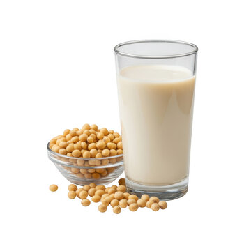 Glass of soy milk and bowl of soybeans on transparent background