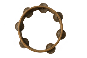 Tambourine with wood frame and metal jingles, a traditional percussion instrument for music and rhythm on transparent background