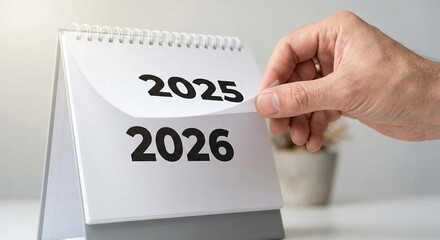 A hand is turning a page on a desk calendar, revealing the year 2026 after 2025, symbolizing the passage of time and future planning.