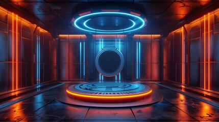 Cyberpunk style Future Technology Control Room 3D Rendering Science Fiction Scene