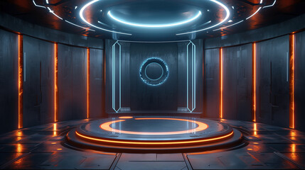 Cyberpunk style Future Technology Control Room 3D Rendering Science Fiction Scene
