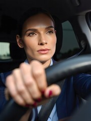 Confident Businesswoman Driving a Car, Focus on Steering Wheel