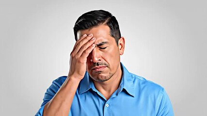 Man experiencing headache and stress in multiple facial expressions for health awareness