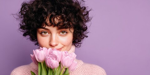 A young Caucasian woman with curly dark hair holds pink tulips in front of her face. She has green eyes and wears a light sweater against a purple background.