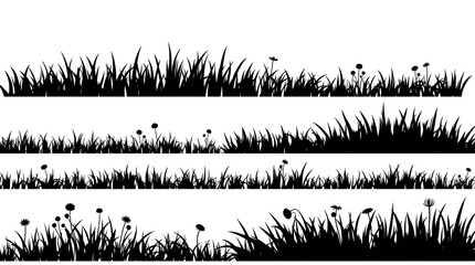 Black silhouette of wild grasses and flowers on white background © ABU