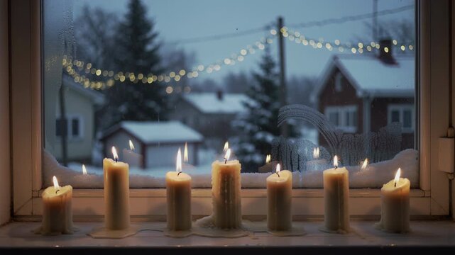 Cozy winter evening scene with flickering candles on a frosty window sill overlooking snow-covered houses and twinkling string lights, capturing the serene ambiance of a peaceful snowy neighborhood