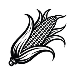 Detailed black and white illustration of a single cob of corn with husk © firoj