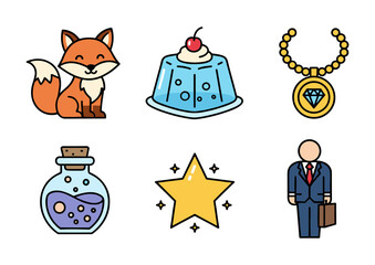 Fototapeta premium Various cartoon icons featuring fox jelly jewelry potion star and businessman