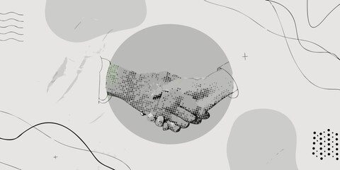 A grayscale depiction of a handshake with abstract shapes surrounding it