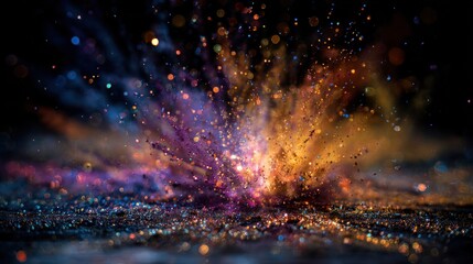 Obraz premium Colorful Sparkle Explosion Scene With Glitter Particles And Dark Background, Vibrant Bokeh Lights And Dynamic Light Burst For Festive, Abstract And Celebration Photos