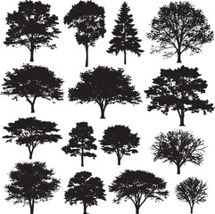 Isolated Various Tree Silhouettes Black Vector Set