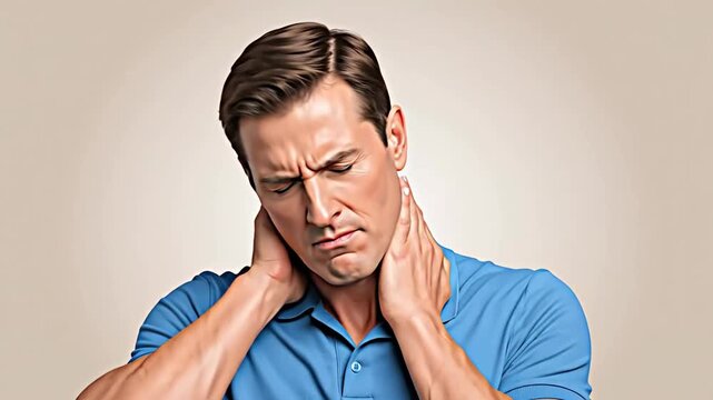 Man Experiencing Neck Pain and Discomfort Symptoms in Various Angles and Expressions