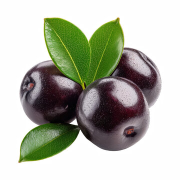 Fresh a&ccedil;a&iacute; berries with green leaves, realistic dark purple tropical fruit isolated on transparent background.