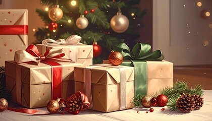 Festive Christmas presents wrapped in brown paper with red and green ribbons under a decorated tree.