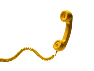 Yellow corded telephone receiver on a transparent background with coiled cord