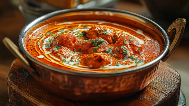 Golden, creamy butter chicken curry served in a rustic copper handi, tender tandoori chicken pieces coated in silky tomato-cashew gravy, floating butter swirls, fresh kasuri methi garnish,