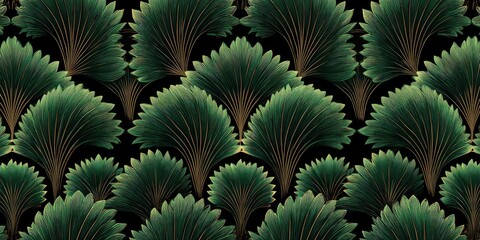 A repeating art deco pattern with fan-shaped green leaves on a black background
