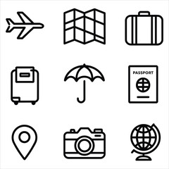 Travel icons set vector illustration, a collection of black silhouette symbols for business, web, and media, including camera, car, globe, and phone