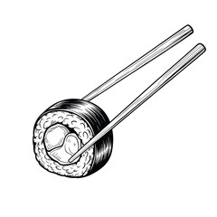 A black and white illustration of sushi with a pair of chopsticks © firoj