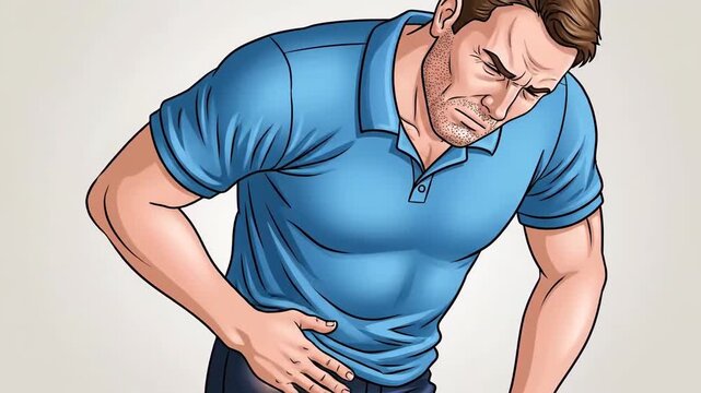 Man Experiencing Severe Abdominal Pain Due To Health Issue In Modern Animation