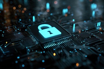 Glowing padlock on a computer chip, representing security and protection in digital space