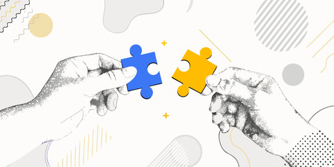 Hands connecting puzzle pieces symbolizing collaboration and problem solving