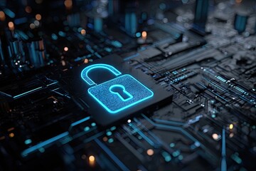 Glowing blue padlock icon on a computer circuit board, representing cybersecurity