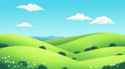 Fototapeta premium Vibrant green rolling hills under a clear blue sky with fluffy white clouds
