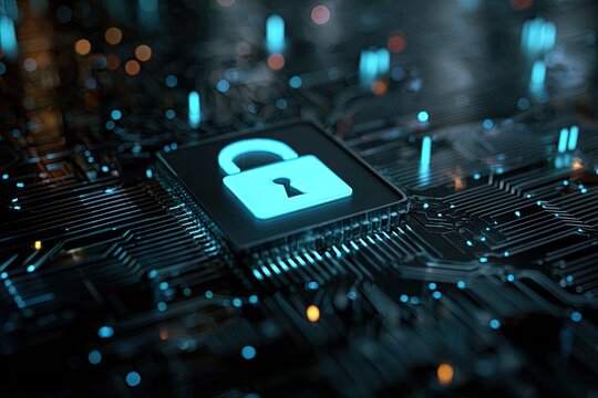 Glowing padlock on a computer chip, representing security and protection in digital space - Powered by Adobe