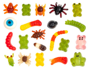 Assortment of Halloween Gummy Candies and Spiders.