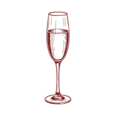 A vintage style illustration of a single champagne glass with red tint