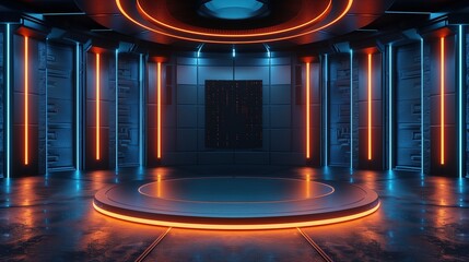 Cyberpunk style Future Technology Control Room 3D Rendering Science Fiction Scene