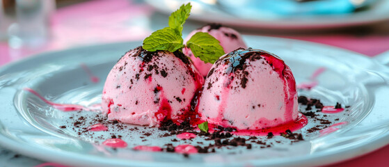 Pink ice cream scoops topped with dark cookie crumbs, red berry syrup, and fresh mint, served on a white plate