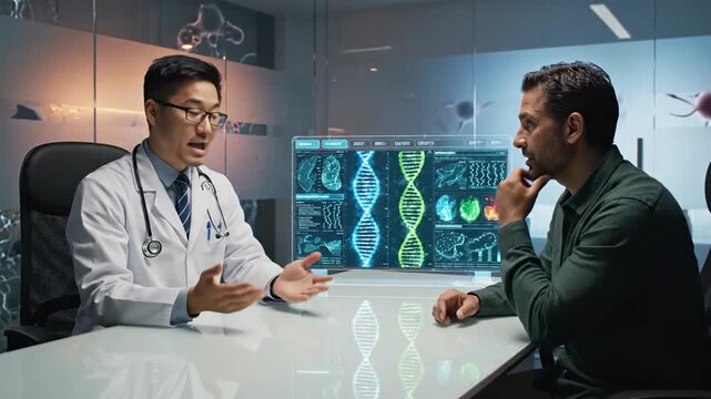 Medical Consultation Between Doctor and Patient Discussing Genetic Data in a Modern Clinic