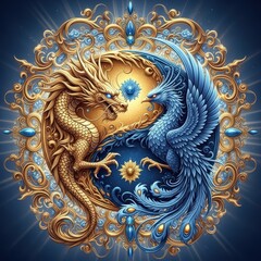 Dragon and Phoenix Harmony: A detailed illustration showcasing the harmonious dance of a golden dragon and a vibrant blue phoenix, symbols of balance and unity.