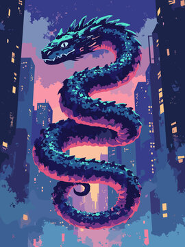 A colossal serpent winding through skyscrapers like a train, scales glinting with neon lights, vertical composition, 80s anime poster style, cel shaded