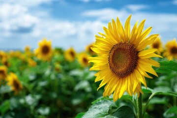 Obraz premium Close-up of a sunflower in focus, surrounded by blurred field under a vibrant blue sky