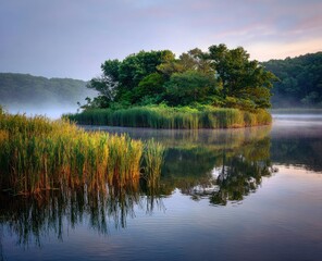 Fototapeta premium Small island with trees and reeds reflected in still water, with fog at dawn