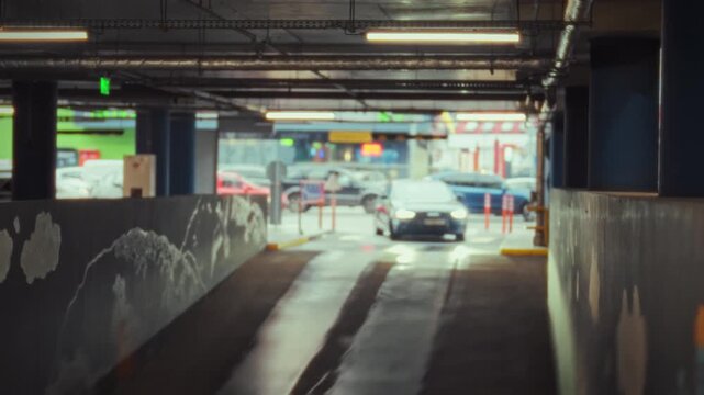 A vehicle navigates into the underground parking level, adhering to traffic signs, as it drives past a parking meter and barrier under the glow of its headlights