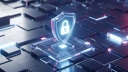 Digital security shield with padlock icon on futuristic dark technology background, data protection concept