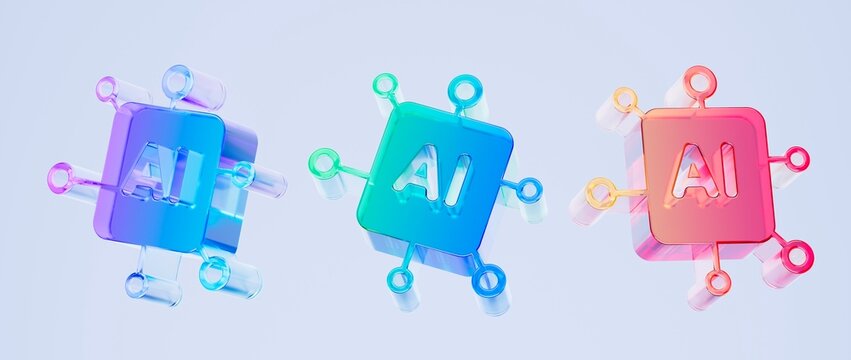 Set of 3D AI chip icon, artificial intelligence technology concept. Colorful gradient glass like icon, trending glass holographic icon, for graphic design, UI UX interfaces, 3d render illustration.
