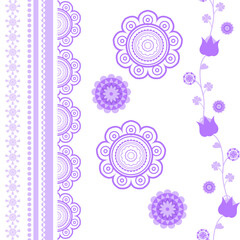 Pastel purple shades floral vector illustration with seamless flower pattern design for spring and summer nature decoration on a white background.. Damask, blanket rug carpet fashion, cards. 